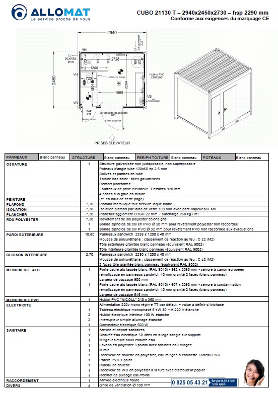 Descriptif d'un module sanitaire cubo21130T avec un WC à la turque avec entrée séparée, une douche,  et une rampe avec 3 points d'eau