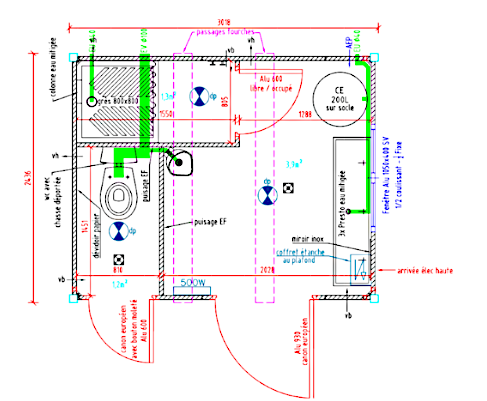 Plan d'un bungalow sanitaire de chantier avec une douche en haut à gauche, un sanitaire  avec une porte en bas à gauche, une pièce sas en bas à droite avec un urinoir dans le coin haut gauche de cette pièce, un lavabo avec 3 robinets à droite et au dessus un chauffe eau de 100L