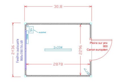 Le plan d'un demi-Domino, un module de construction  temporaire : 3018mm de longueur, 2436mm de largeur, 2500mm dauteur sous plafond, 2935mm en hauteur totale 