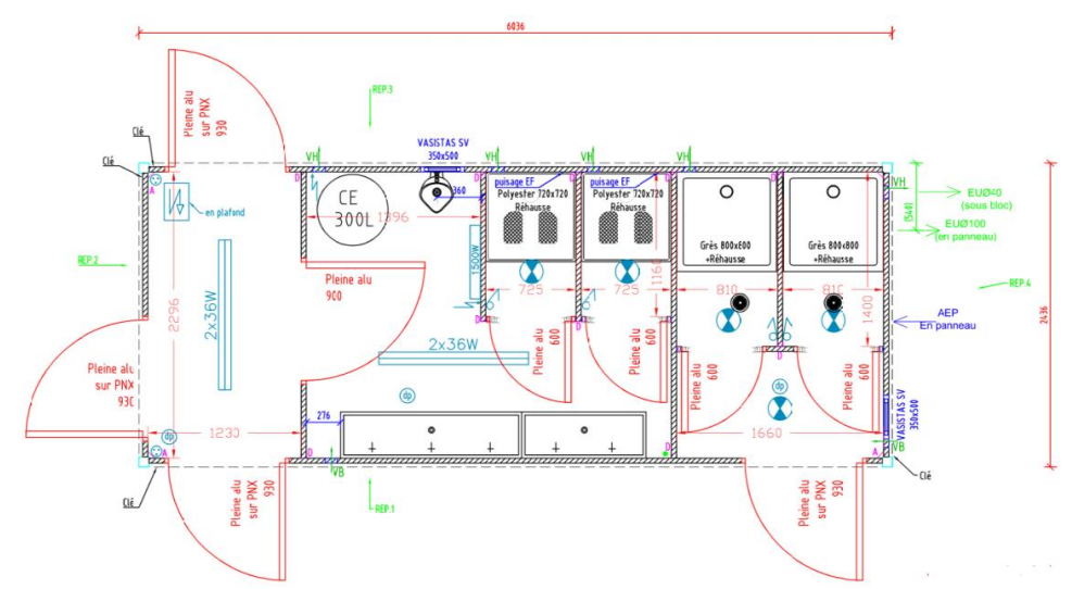 Plan d'un bungalow sanitaire avec 2 douches séparées des toilettes et lavabo