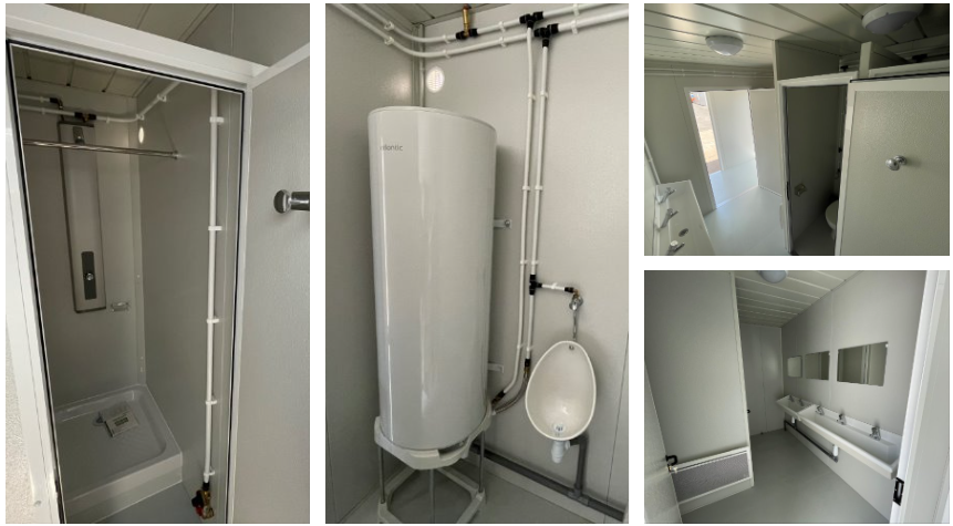 Un montage de 4 photos montrant l'intérieur d'un module sanitaire Allomat avec une douche, au fond à gauche, un urinoir à côté d'un chauffe-eau de 200L, une toilette à l'anglaise et un lavabo avec 5 points d'eau.