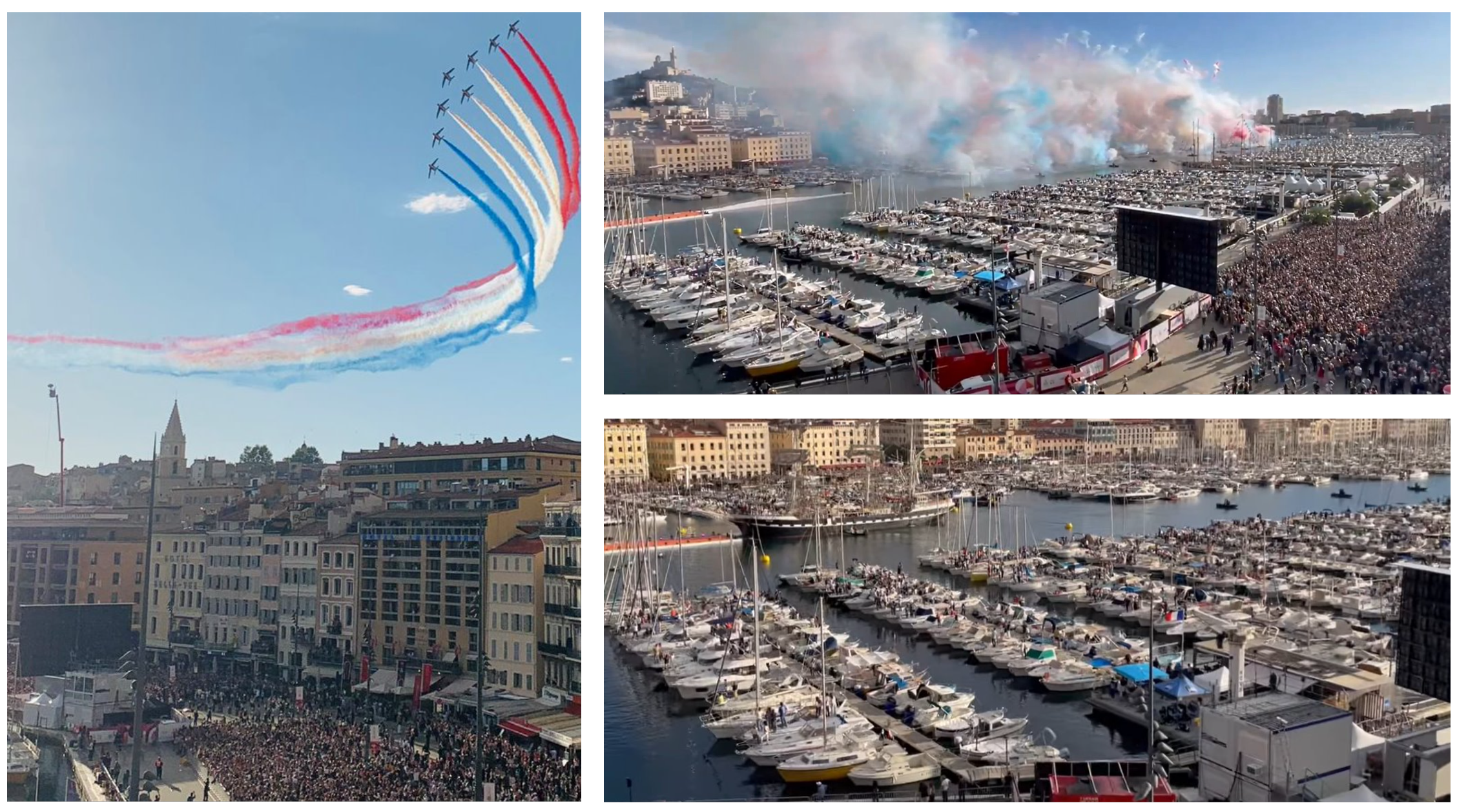 Cette image est un montage de 3 photos. La première à gauche montre le Vieux-Port de Marseille avec une foule dense lors de l'arrivée de la flamme olympique. On y voit les bâtiments entourant le port et dans le ciel, 8 avions de la patrouille de France virant au-dessus des immeubles en lâchant des fumées bleues, blanches et rouges. Au milieu de la foule, on peut apercevoir la construction modulaire temporaire Allomat sous un écran géant. La deuxième photo, en haut à droite, montre le Vieux-Port dans une diagonale bas-gauche haut-droite. La construction modulaire temporaire est en bas à droite, sous l'écran géant. Une foule dense et compacte est massée devant l'écran géant. Des fumigènes bleus, blancs et rouges sont tirés depuis l'eau du port. On aperçoit Notre-Dame de la Garde en haut à gauche, tout au  fond. La dernière image, en bas à droite, montre le Vieux-Port sous le même angle mais plus resserré. On voit toujours la construction modulaire temporaire Allomat et l'écran géant. Mais au milieu du port, le Belem, un fameux trois-mâts est arrivé avec la flamme olympique. Il forme une diagonale perpendiculaire au port avec la construction modulaire.