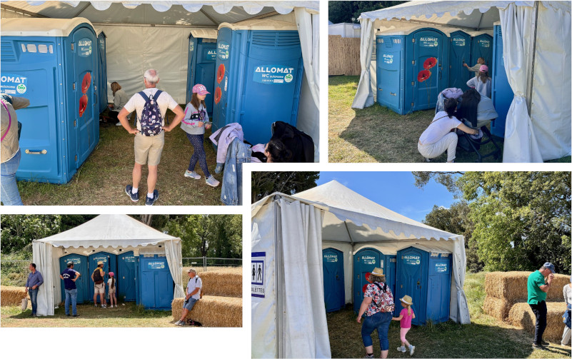 Un montage de 4 photos : on y voit des gens de toutes origines et habillés de toutes les couleurs qui utilisent des toilettes autonomes Allomat sous une tente blanche, lors du Salon des Agricultures de Provence de Salon-de-Provence