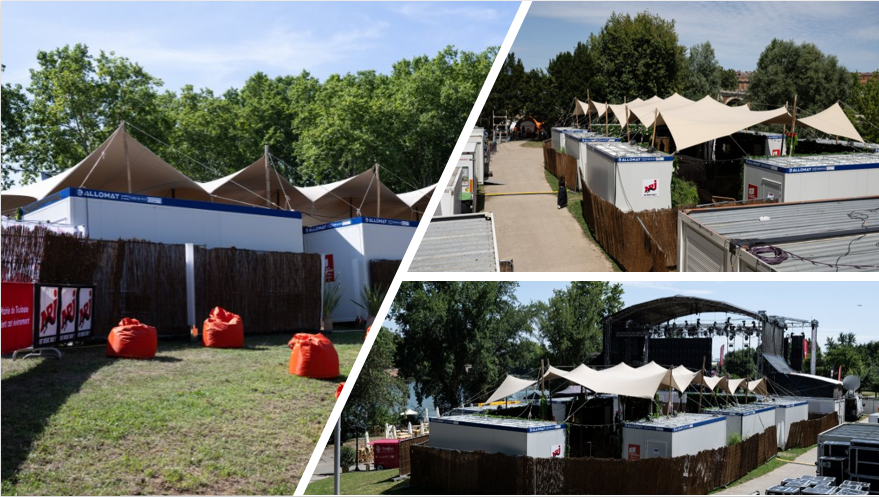 Un montage de 3 photos où on voit les modules ALLOMAT en backstage des NRJ Music Tour de Toulouse. On y voit des tentes blanches avec les modules au milieu, il y a des chemins en gravier autour