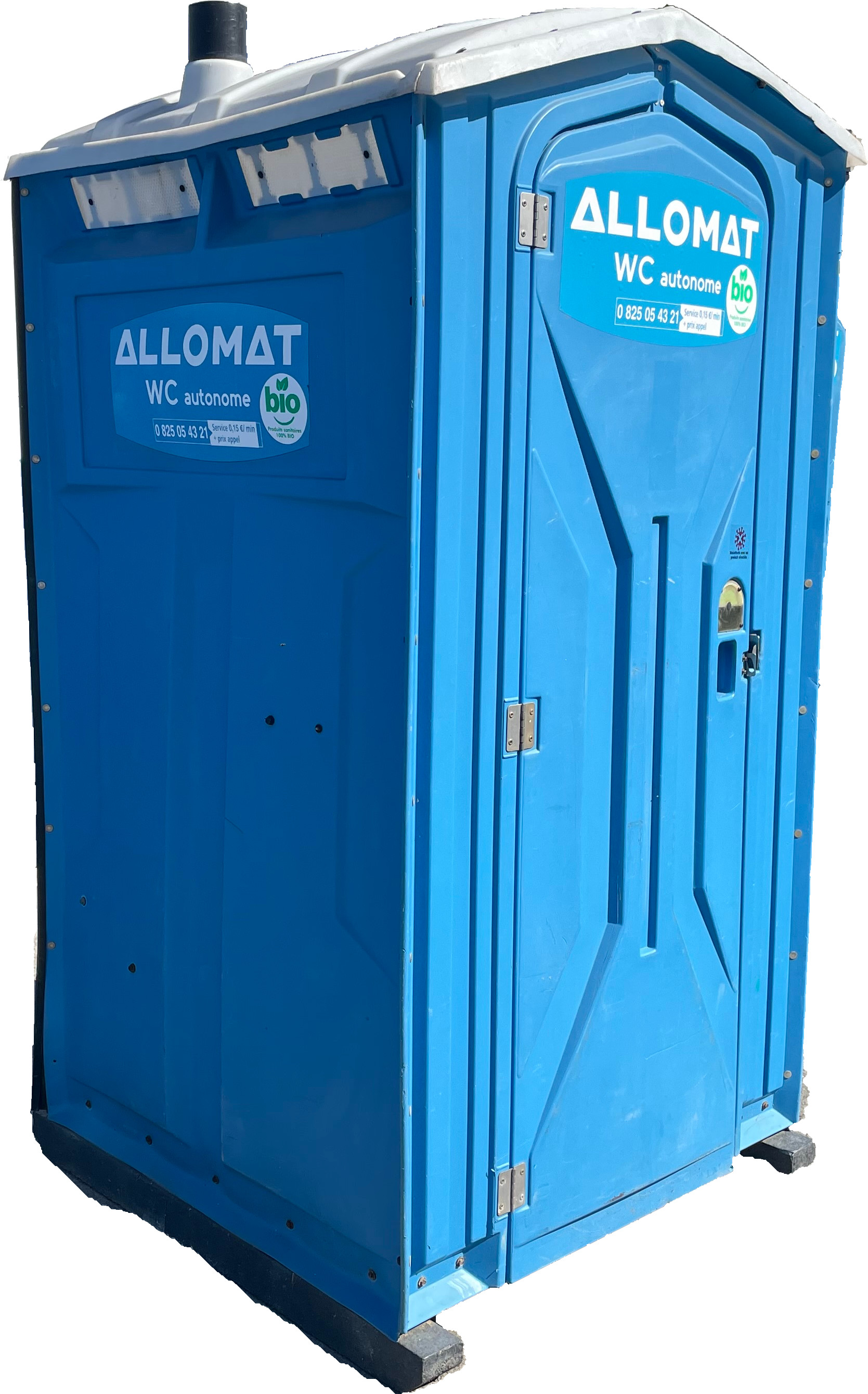 Un toilette autonome Sanimat bleu avec un autocollant Allomat